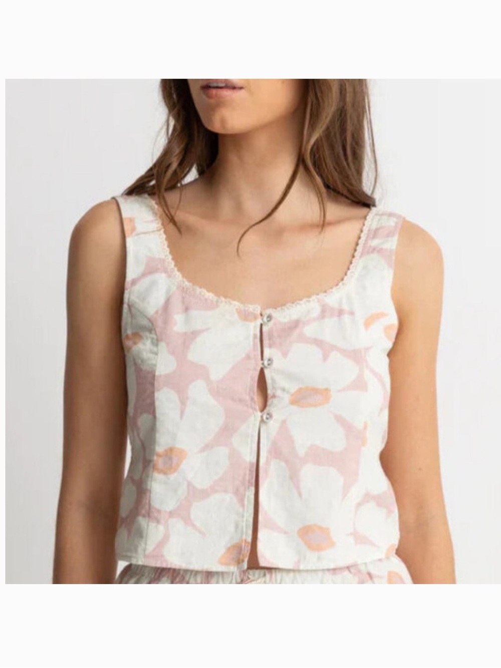 Rhythm. Pink and White Floral Crop Tank Top